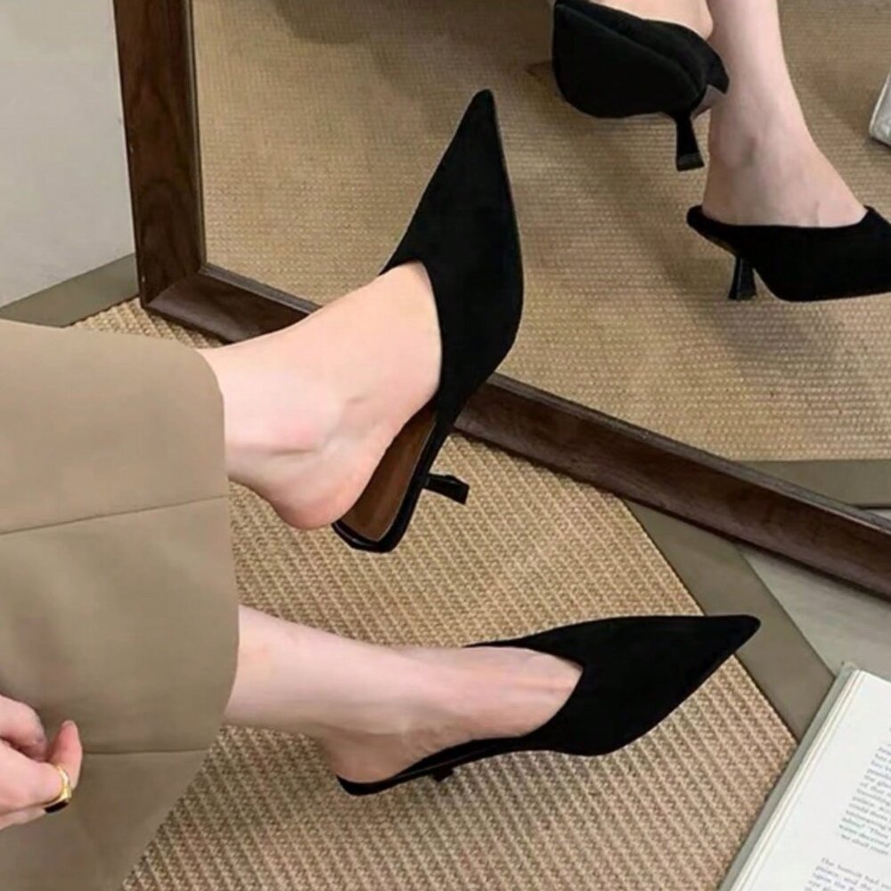 Black Preppy Women's High Heel Pointed Toe Mule Sandals - Picture 2 of 2
